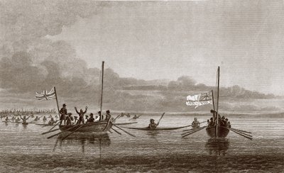 Eskimaux kommen auf die Boote in der Shoalwater Bay zu, 7. Juli 1826, aus 